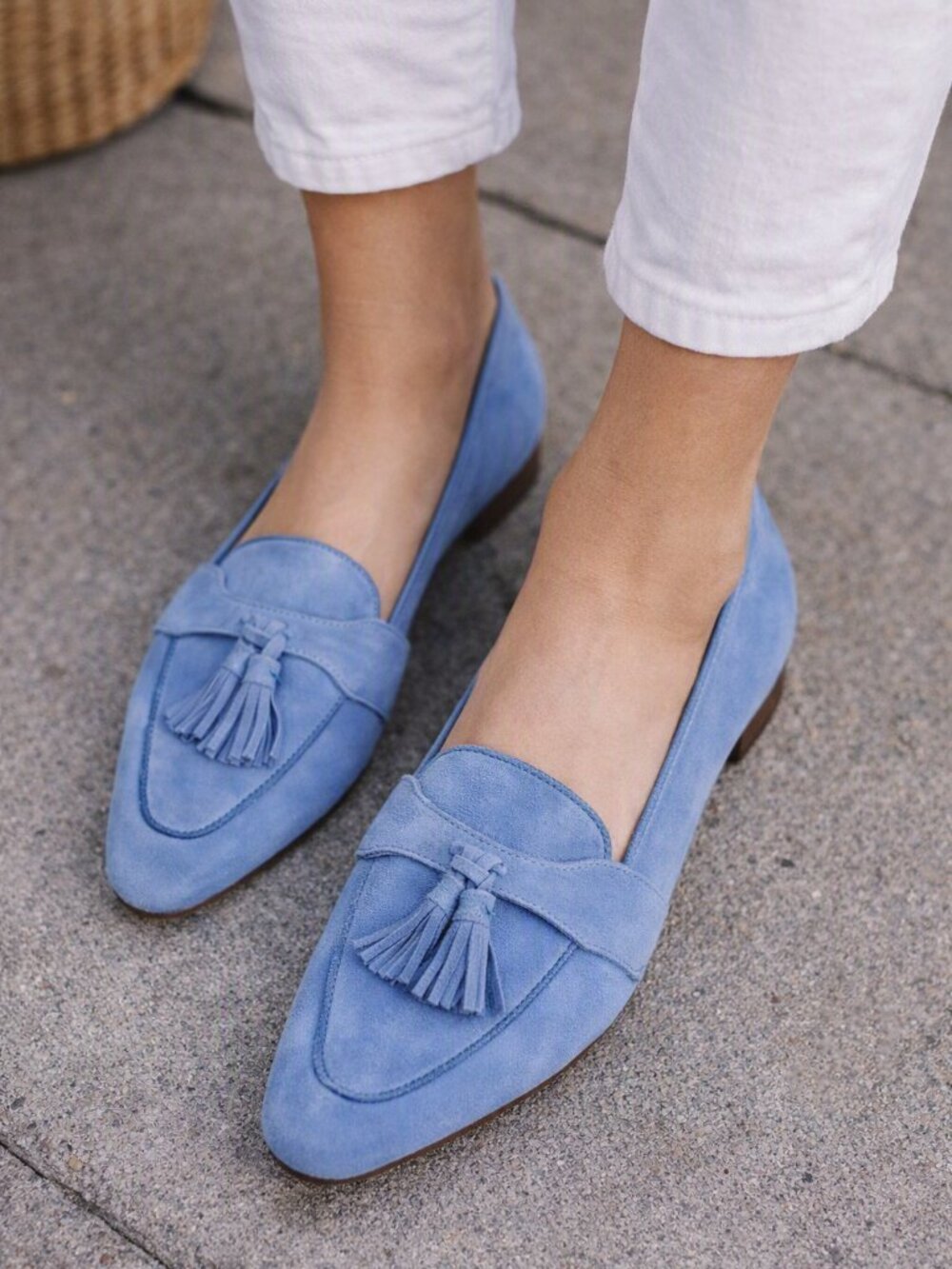 Women's Sky Blue Suede Tassel Loafers - Elegant Slip-On Flats